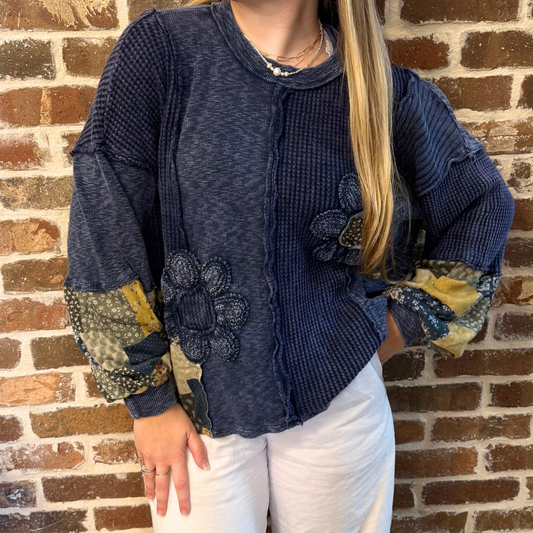Mineral Washed Daisy Patchwork Sweater