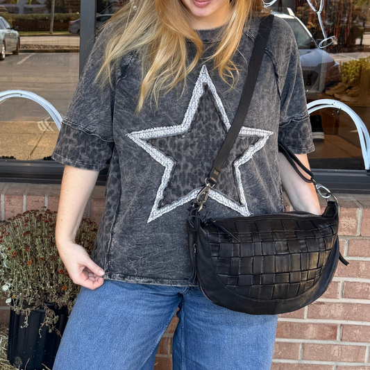 Mineral Washed Leopard Lace Star Halfsleeve Top
